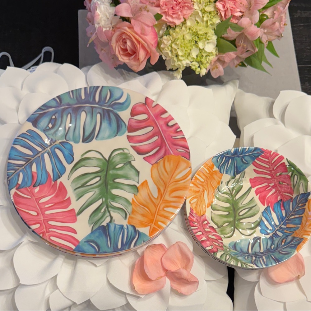 Tropical 8 piece set Melamine Leaf Patterned Dinner Plates & Bowls NWT - Picture 2 of 14